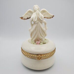 Vintage Praying Angel Figurine Jewellery Box Keeper Fine Porcelain Gold Trim